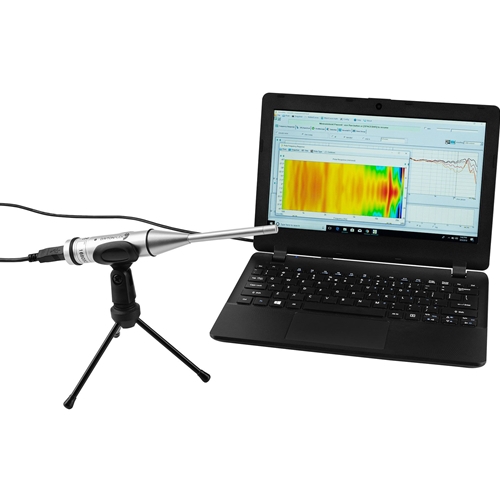 Measurement microphone with laptop running REW multi-point sweeps