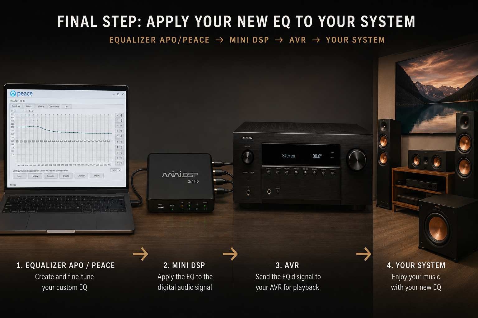 Signal chain showing Equalizer APO, miniDSP, and Audyssey or Dirac AVR connected to a laptop for EQ profile deployment